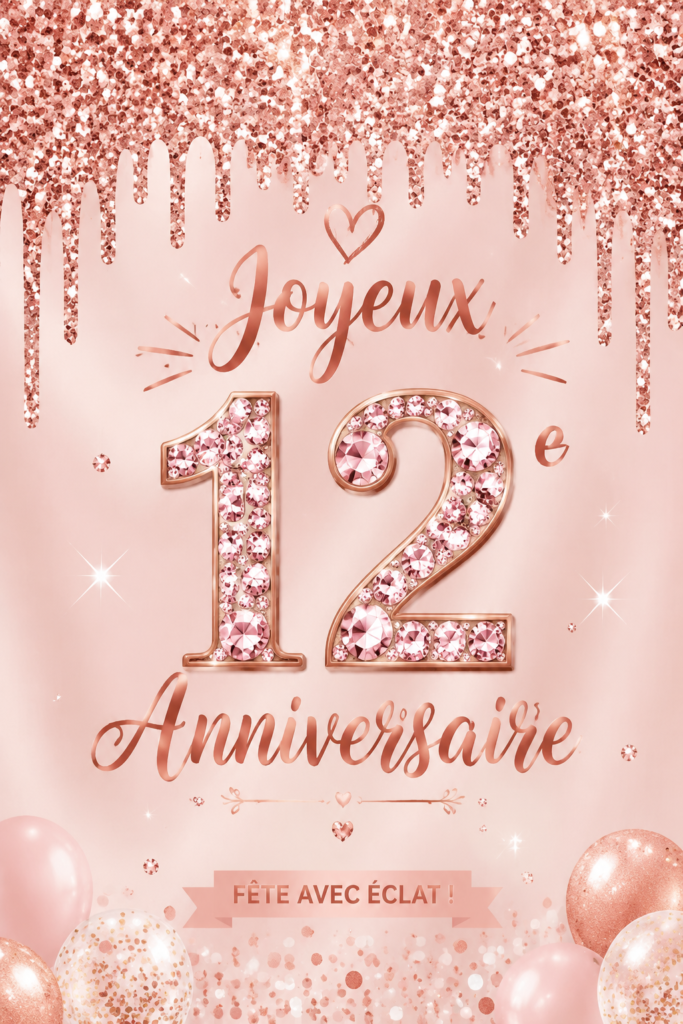 Bannière décorative pour le 12e anniversaire d'une fille, rose et dorée.