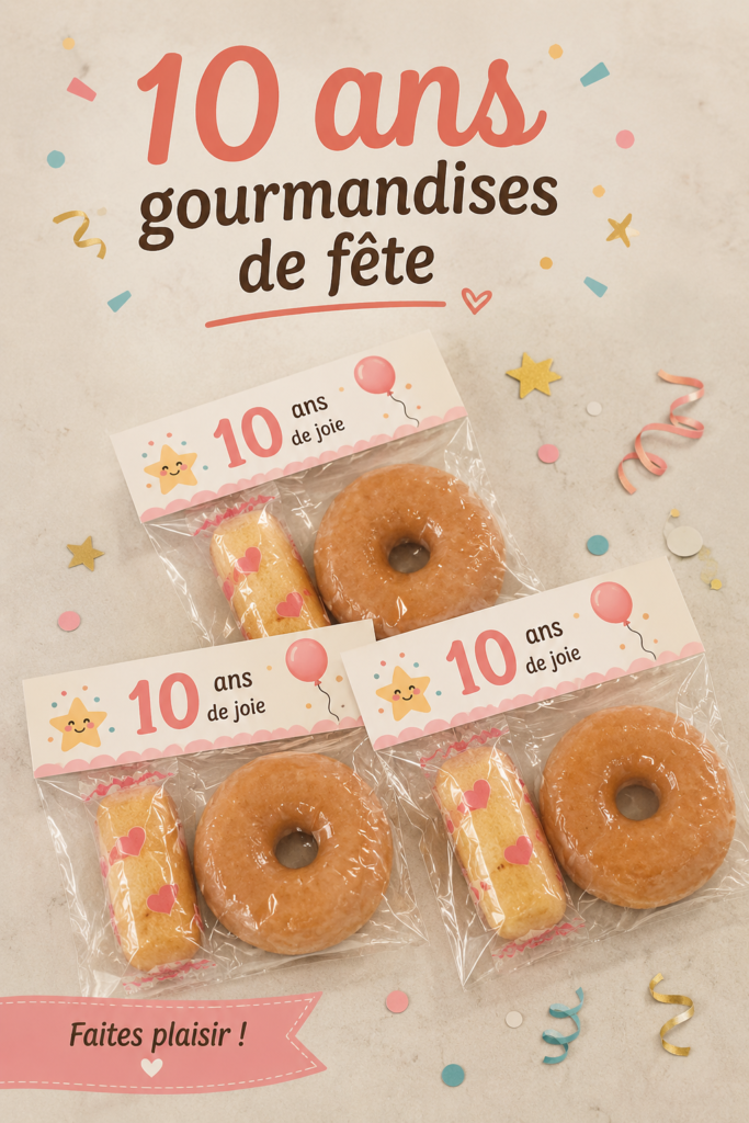 Des gâteries colorées préparées pour une fête d'anniversaire de 10 ans