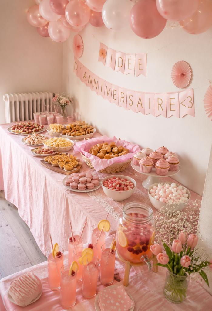Fête d'anniversaire colorée avec des ballons et un gâteau décoré