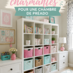 Chambre bien décorée pour une préadolescente avec des couleurs pastel et des éléments modernes.