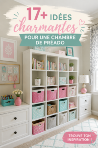 Chambre bien décorée pour une préadolescente avec des couleurs pastel et des éléments modernes.
