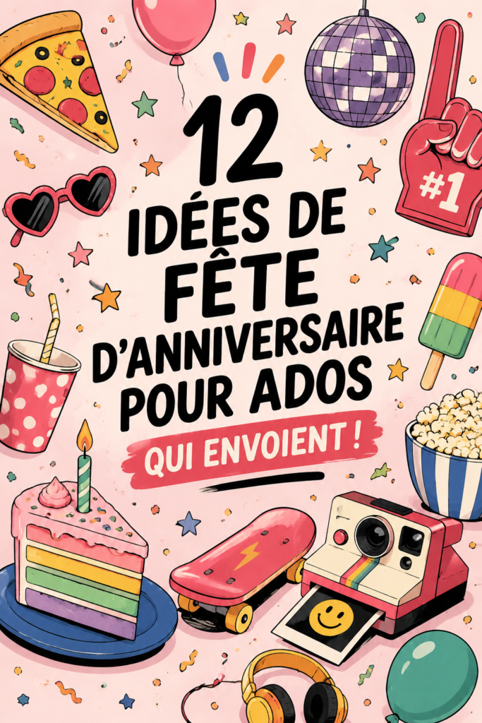 Thème de fête d'anniversaire pour adolescents décoré de ballons et accessoires colorés.