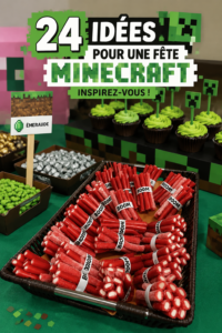 Fête d'anniversaire sur le thème de Minecraft avec décorations colorées.