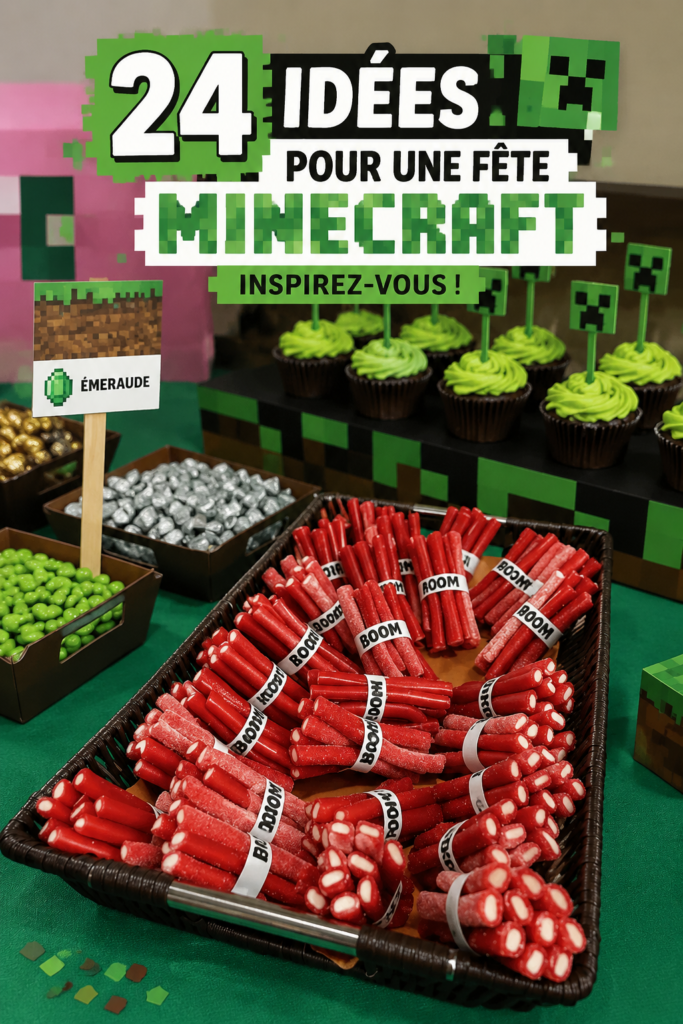 Fête d'anniversaire sur le thème de Minecraft avec décorations colorées.