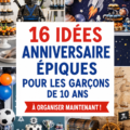 Une fête d'anniversaire pour un garçon de 10 ans, avec décorations colorées et un gâteau personnalisé.