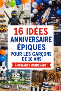 Une fête d'anniversaire pour un garçon de 10 ans, avec décorations colorées et un gâteau personnalisé.