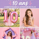 Séance photo colorée pour le 10e anniversaire d'une fille, mettant en avant des décorations festives.