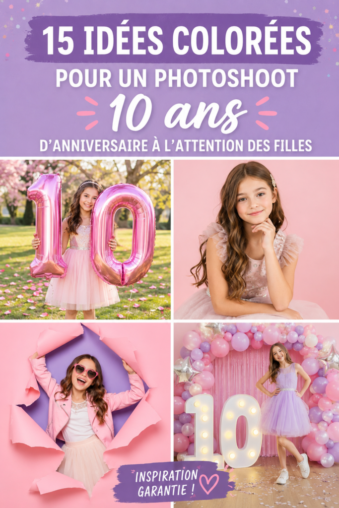 Séance photo colorée pour le 10e anniversaire d'une fille, mettant en avant des décorations festives.
