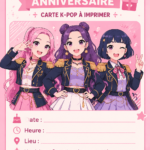 Exemple d'invitation d'anniversaire K-pop à imprimer avec éléments graphiques colorés.