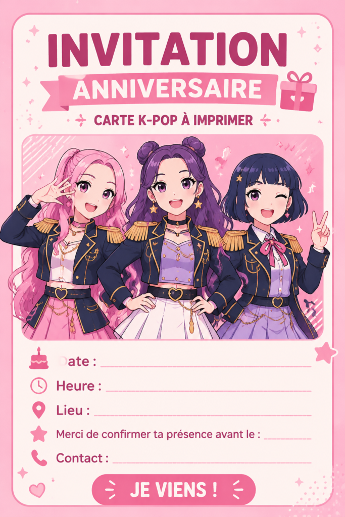 Exemple d'invitation d'anniversaire K-pop à imprimer avec éléments graphiques colorés.