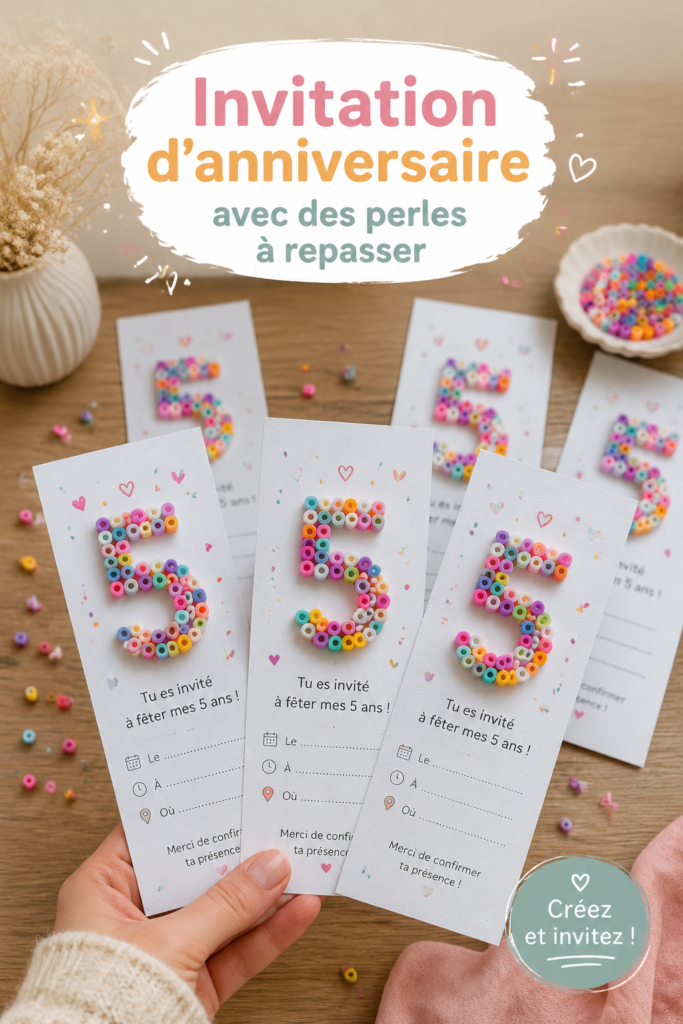 Une invitation d'anniversaire colorée créée avec des perles à repasser sur fond blanc.
