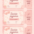 Invitations colorées pour une soirée pyjama créative avec des décorations festives.