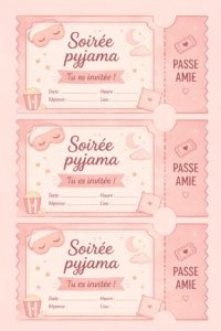 Invitations colorées pour une soirée pyjama créative avec des décorations festives.