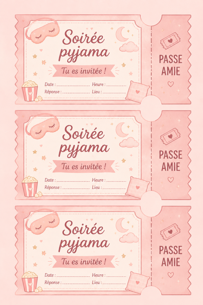 Invitations colorées pour une soirée pyjama créative avec des décorations festives.