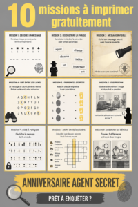 Affiche colorée d'anniversaire d'agent secret avec 10 missions à imprimer.