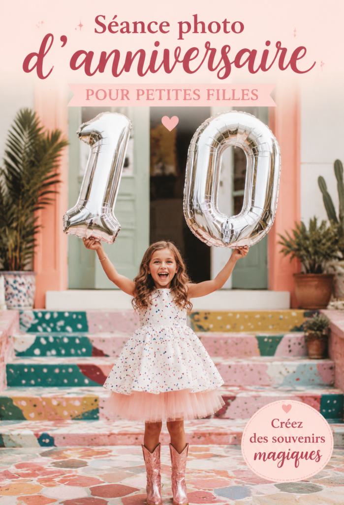 Séance photo d'anniversaire d'une petite fille en extérieur, souriante et portant une robe colorée.