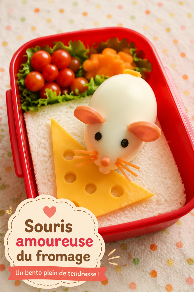 Un bento souris au fromage joliment présenté avec des légumes et des fruits