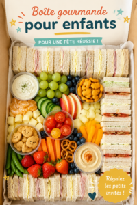 Boîte à goûter festive pour un anniversaire enfant, remplie de douceurs et de snacks colorés.