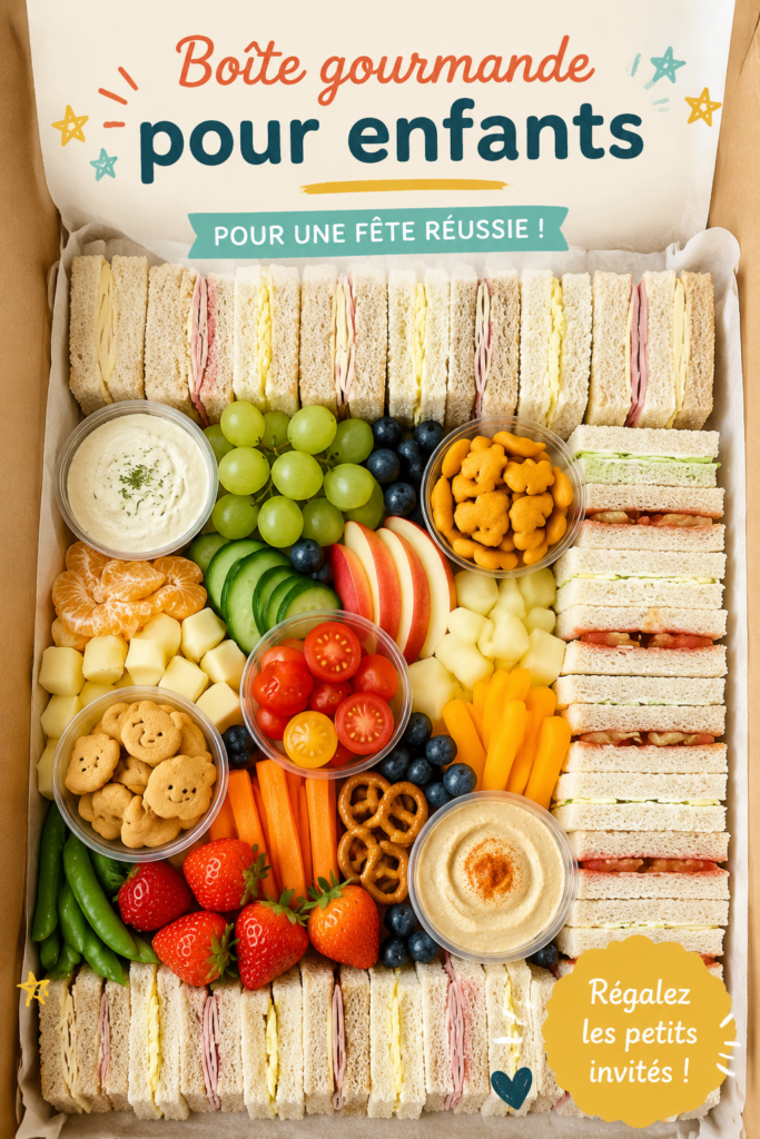 Boîte à goûter festive pour un anniversaire enfant, remplie de douceurs et de snacks colorés.