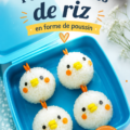 Boules de riz mignonnes en forme de poussin sur une assiette colorée