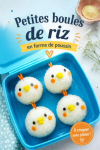 Boules de riz mignonnes en forme de poussin sur une assiette colorée