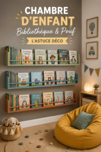 Une chambre d'enfant confortablement aménagée avec une bibliothèque et des poufs colorés.