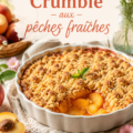 Crumble aux pêches fraîches sur une table en bois, prêt à être dégusté.