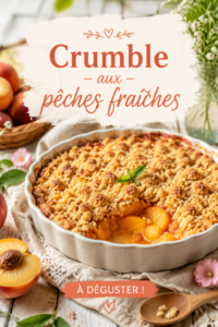 Crumble aux pêches fraîches sur une table en bois, prêt à être dégusté.