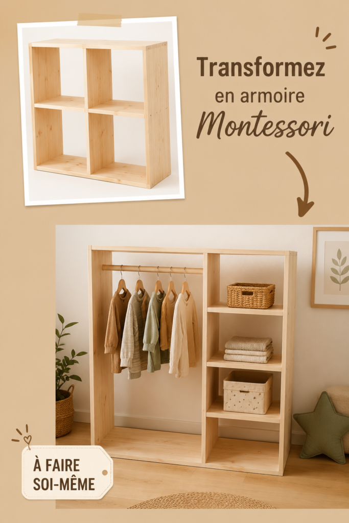 Dressing Montessori fait maison avec des rangements adaptés aux enfants