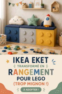 Espace de rangement EKET IKEA transformé avec des LEGO colorés