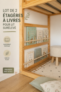 Étagères à livres blanches sous un lit IKEA KURA, optimisant l'espace