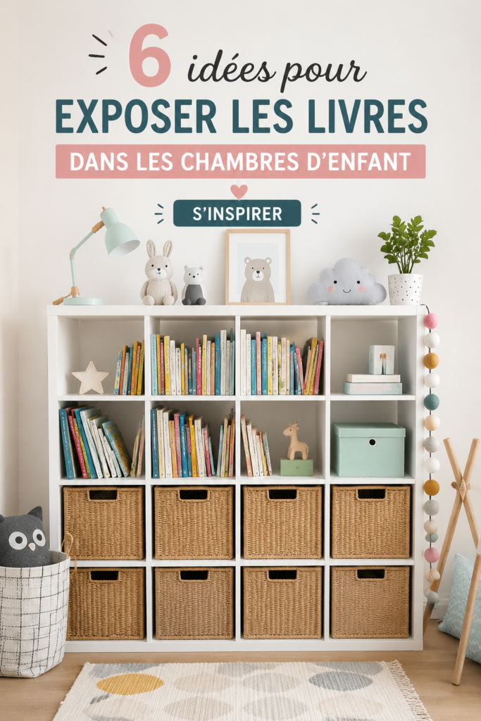 Chambre d'enfant décorée avec une bibliothèque originale et des livres exposés.