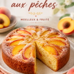 Gâteau moelleux aux pêches sur une table, décoré de tranches de pêche.