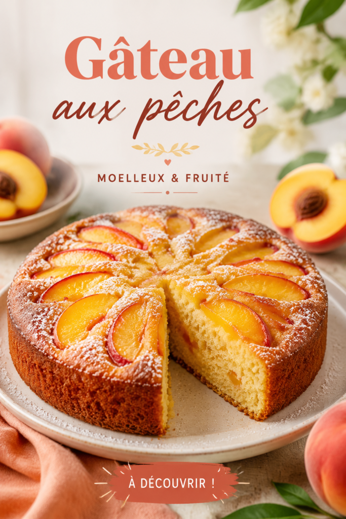Gâteau moelleux aux pêches sur une table, décoré de tranches de pêche.