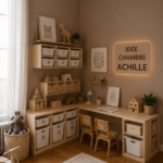 Chambre Achille avec des touches de bleu et de blanc, décorée avec des éléments inspirants.