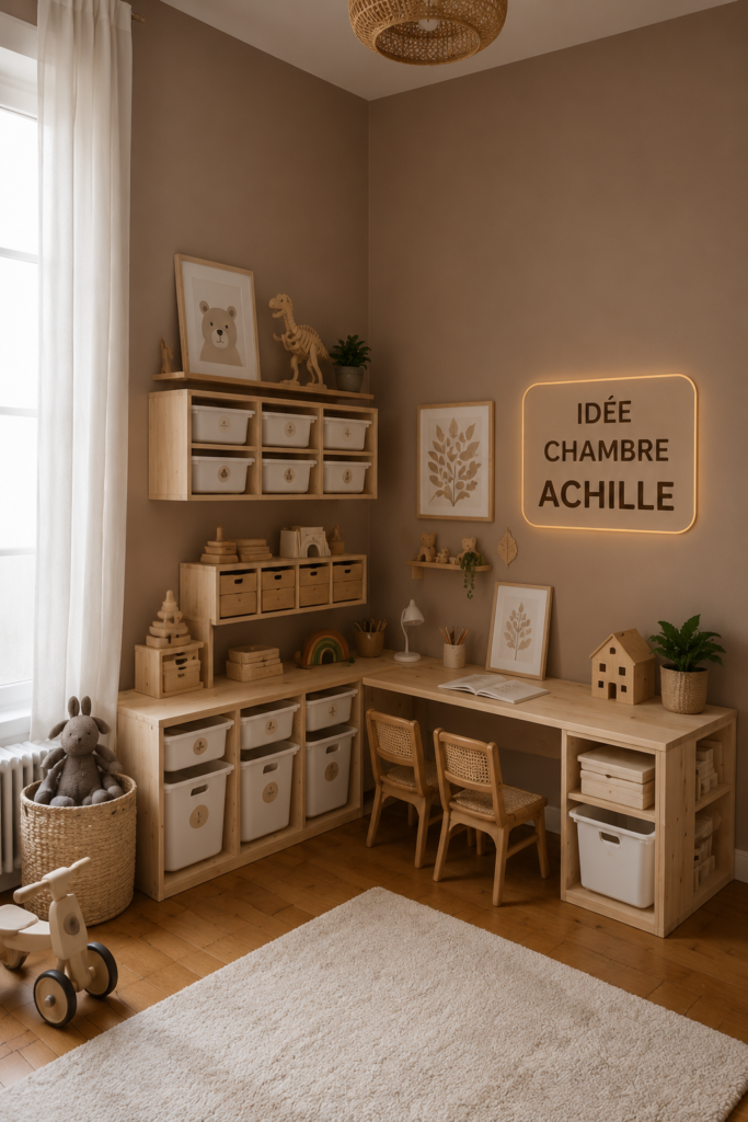 Chambre Achille avec des touches de bleu et de blanc, décorée avec des éléments inspirants.