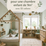 Chambre d'enfant de 9m² avec lit cabane et décoration colorée.