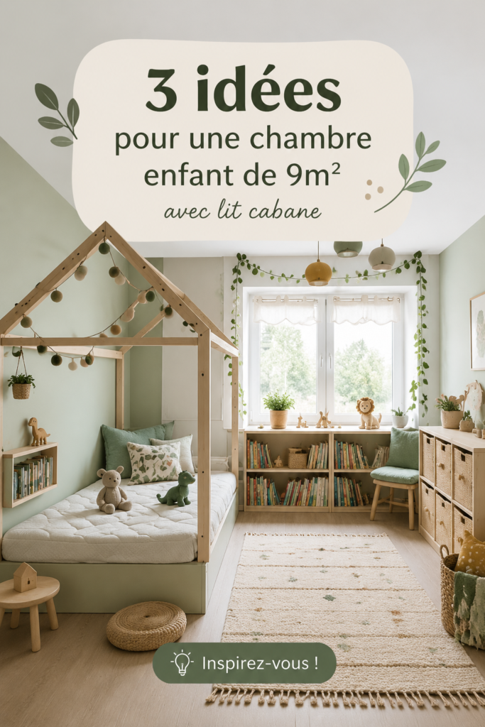 Chambre d'enfant de 9m² avec lit cabane et décoration colorée.