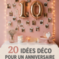 Une table joliment décorée pour un anniversaire d'enfant avec des ballons et des guirlandes.