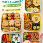 Une assiette colorée de déjeuners sains pour enfants, incluant des légumes et des protéines.