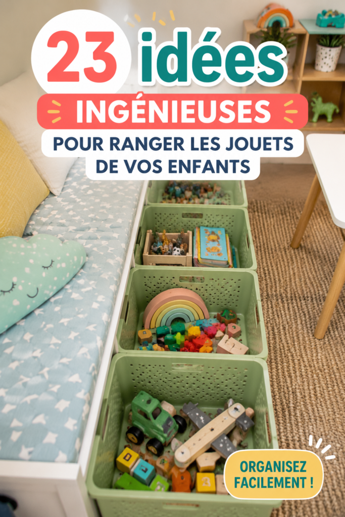 Un espace de jeu avec des jouets bien organisés dans des bacs de rangement colorés.