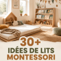 Lit Montessori au sol dans une chambre d'enfant avec coin lecture cosy