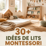Lit Montessori au sol dans une chambre d'enfant avec coin lecture cosy