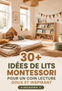 Lit Montessori au sol dans une chambre d'enfant avec coin lecture cosy