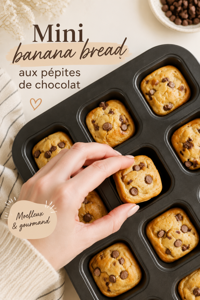 Mini pain à la banane garni de pépites de chocolat sur une assiette en bois.
