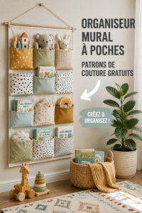 Modèle d'organiseur mural en tissu avec différents compartiments pour le rangement.