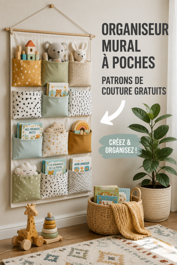 Modèle d'organiseur mural en tissu avec différents compartiments pour le rangement.