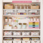 Espace créatif organisé avec des boîtes colorées pour enfants