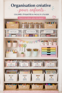 Espace créatif organisé avec des boîtes colorées pour enfants