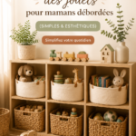 Un espace de jeu bien organisé avec des jouets rangés dans des bacs colorés.